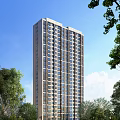 Modern High Rise Residential Building With Numerous Windows Green Trees And Blue Sky View