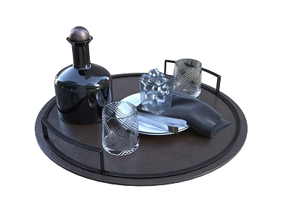 Elegant Dining Ware Set with Round Tray Black Bottle Glass Cups and Ice Cube Container 3d model