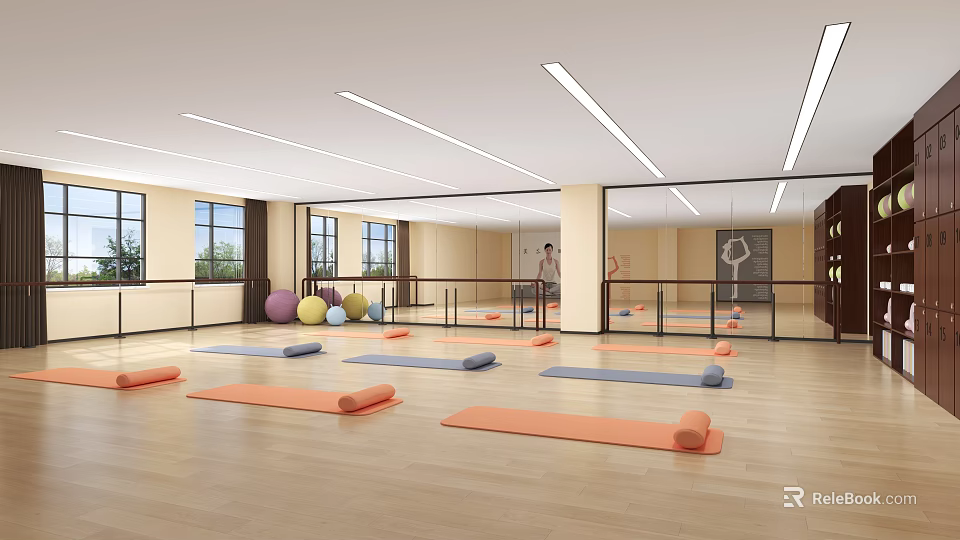 Bright Yoga Studio Equipped With Yoga Mats And Exercise Balls 3d model 