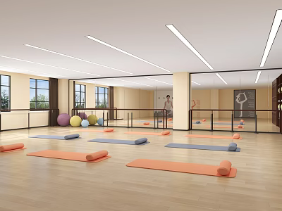 Bright Yoga Studio Equipped With Yoga Mats And Exercise Balls 3d model