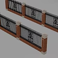 Classic Iron Fence Structure with Brick Posts and Intricate Decorative Patterns 3d model