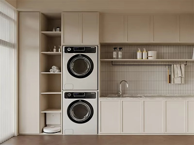 Modern Home Balcony With Stacked Washing Machine Dryer Cabinets Sink And Shelves 3d model
