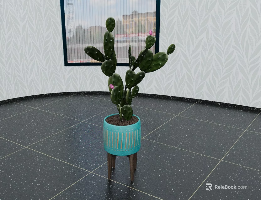 Cactus Bonsai Potted Plant In Blue Textured Pot With Wooden Legs On Dark Tiled Floor Indoor 3d model 