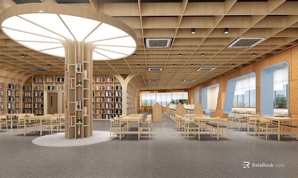 Library Art Design With Wooden Ceiling Pillar Bookcase Books And Reading Chairs 3d model 