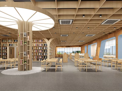 Library Art Design With Wooden Ceiling Pillar Bookcase Books And Reading Chairs 3d model