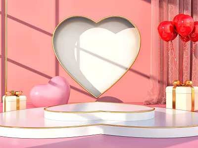 Pink Themed Decorative Scene With Heart Shaped Frame Golden Border Red Balloons And Gift Boxes 3d model