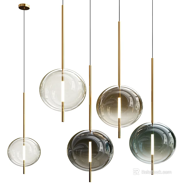 Modern Pendant Lights With Circular Glass Shades And Golden Metal Rods In Transparent Gray Tones 3d model 