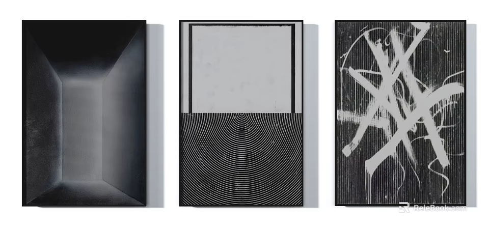 Three Modern Abstract Artworks With Black White Geometric Patterns And Lines 3d model 
