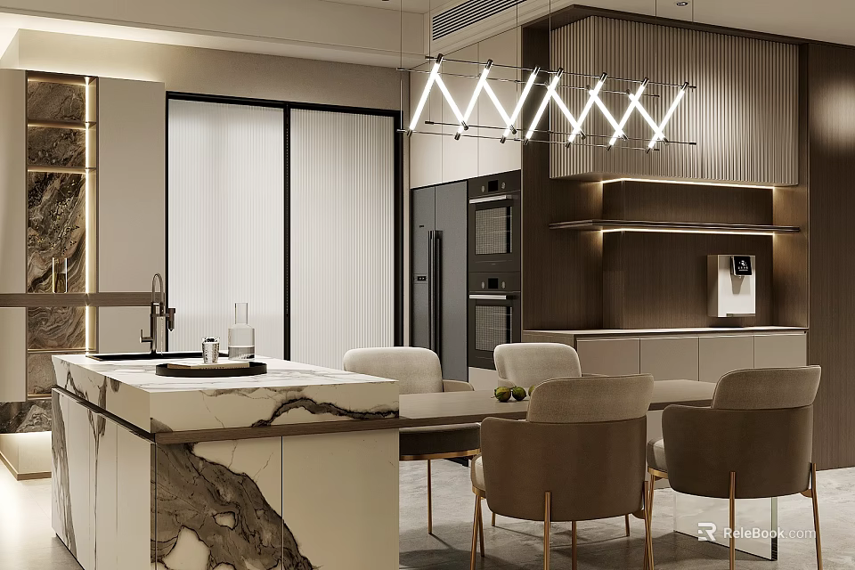 Modern Restaurant Interior With Marble Dining Table Beige Chairs Wooden Panels And Pendant Lights 3d model 