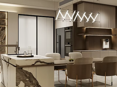 Modern Restaurant Interior With Marble Dining Table Beige Chairs Wooden Panels And Pendant Lights 3d model