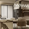 Modern Restaurant Interior With Marble Dining Table Beige Chairs Wooden Panels And Pendant Lights