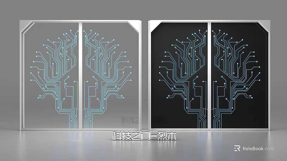 Tech Inspired Art Glass Doors With Circuit Pattern Design And Modern Look 3d model 