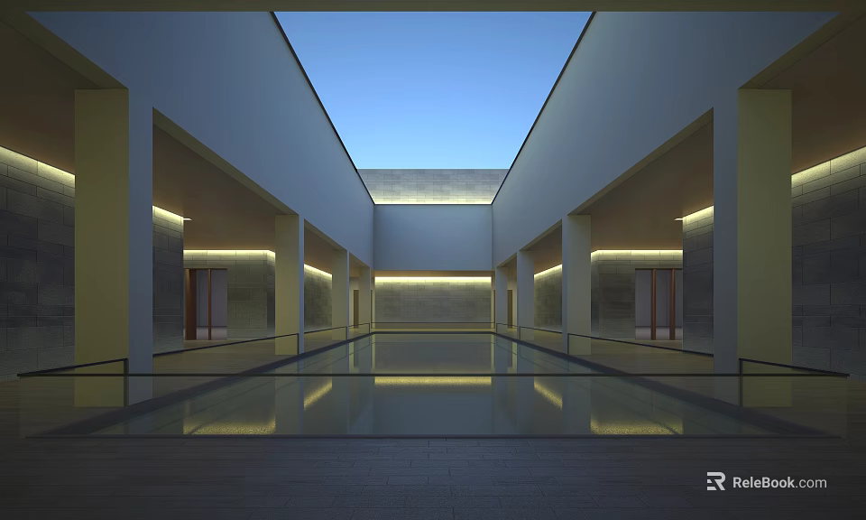 Modern Garden Landscape Interior Design With Skylight Water Pool Columns And Lighting 3d model 