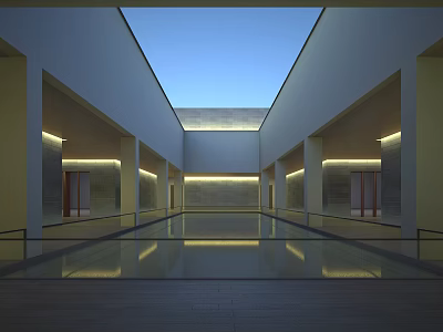Modern Garden Landscape Interior Design With Skylight Water Pool Columns And Lighting 3d model
