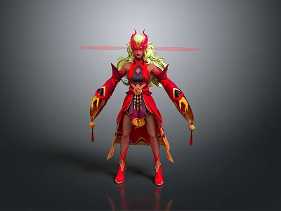 Mythical Woman With Dragon Horns Long Blonde Hair In Red Gold Flame Pattern Costume 3d model