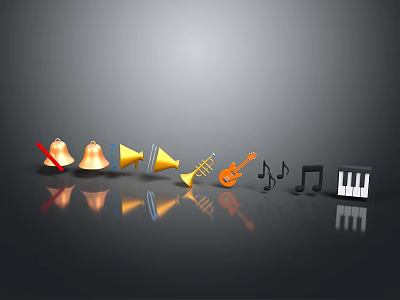 Assorted Musical Instruments Including Bells Horns Guitar Notes And Piano Keys 3d model