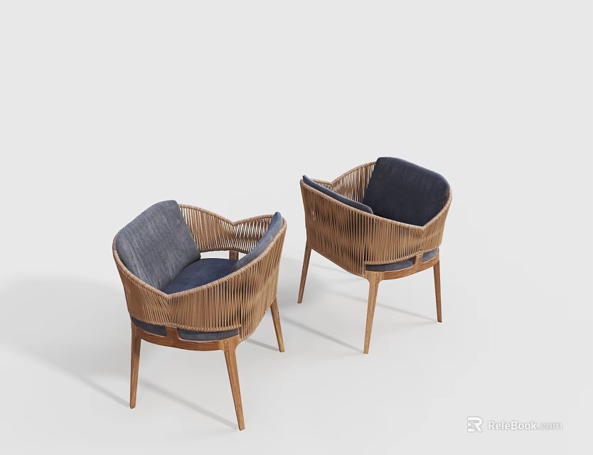 Wicker Chairs With Wooden Legs And Blue Cushions For Living Room Decor 3d model 