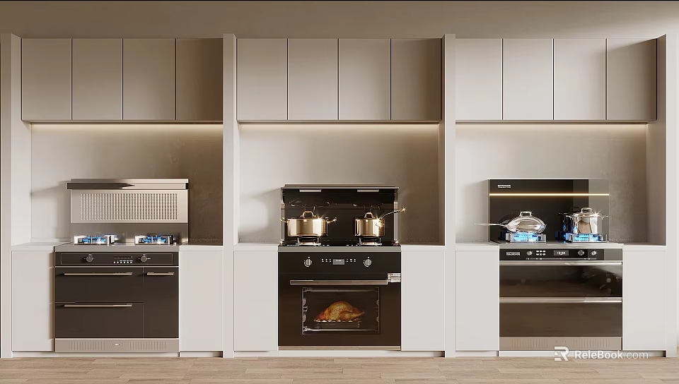 Modern Kitchen With Built In Appliances Stove Oven Coffee Maker And Cabinets 3d model 