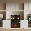 Modern Kitchen With Built In Appliances Stove Oven Coffee Maker And Cabinets