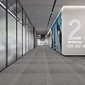 Modern Office Corridor Interior With Glass Partitions Gray Carpet Ceiling Lights And Wall Posters