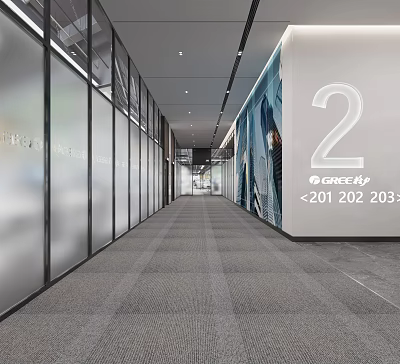 Modern Office Corridor Interior With Glass Partitions Gray Carpet Ceiling Lights And Wall Posters 3d model