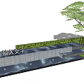 Outdoor Landscape Feature Wall With Water Feature Lighting Green Hedge Tree And Steps 3d model