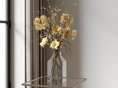 Clear Glass Vase With Yellow And Beige Dried Flowers On Metal Table 3d model