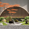 Japanese Garden Ornament Featuring Orange Maple Tree Arched Wooden Slats Pebbles Lantern Greenery and Rocks