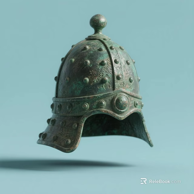 Ancient Bronze Helmet With Green Patina And Decorative Rivets Dome Top Design 3d model 