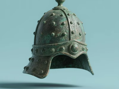 Ancient Bronze Helmet With Green Patina And Decorative Rivets Dome Top Design 3d model