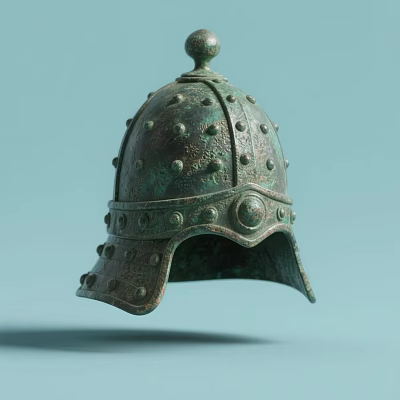 Ancient Bronze Helmet With Green Patina And Decorative Rivets Dome Top Design 3d model
