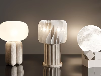 Modern Decorative Table Lamps With Wooden Base Round Shade Wavy Design And Moon Texture 3d model