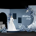 Wedding Stage Display With White Wedding Dress Model Blue Flowers And Lighting Decorations