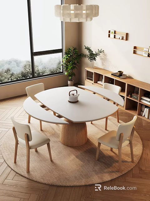 Cozy Restaurant Interior With Round White Table Wooden Base Light Chairs Large Windows Green Plants 3d model 