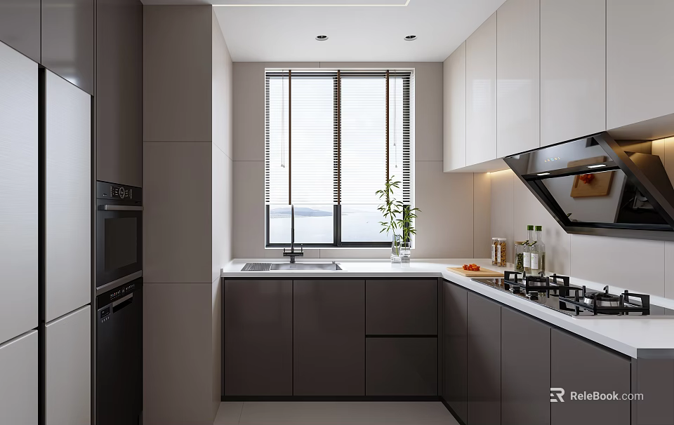Modern Sleek Kitchen Interior With Gray White Cabinets Window Blinds Sink And Gas Stove 3d model 