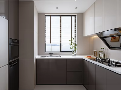 Modern Sleek Kitchen Interior With Gray White Cabinets Window Blinds Sink And Gas Stove 3d model
