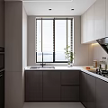 Modern Sleek Kitchen Interior With Gray White Cabinets Window Blinds Sink And Gas Stove