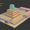 Cartoon Scene Of Ancient Stepped Pyramid With Top Temple And Symmetrical Orange Blue Buildings