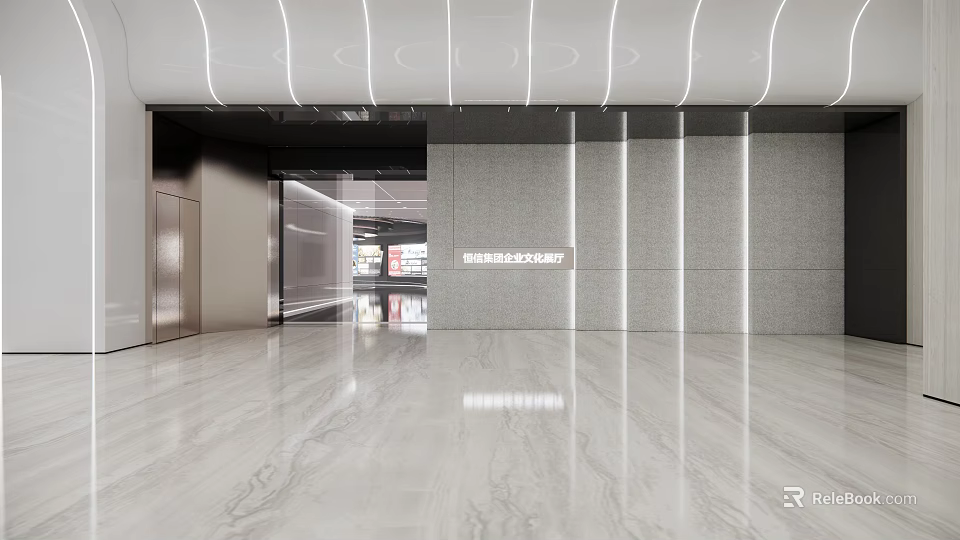 Modern Shopping Mall Store Interior With Marble Floor Gray Wall Linear Lights And Elevator 3d model 