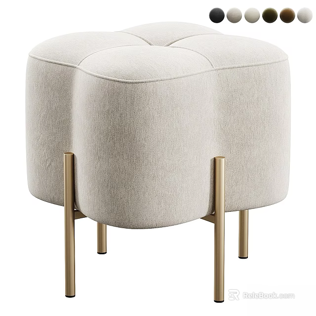 Beige Upholstered Fabric Ottoman With Modern Golden Metal Legs And Soft Design Style 3d model 