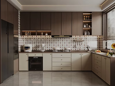 Modern Kitchen Interior With Dark Cabinets White Countertops Tile Backsplash Oven Microwave And Window 3d model