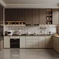Modern Kitchen Interior With Dark Cabinets White Countertops Tile Backsplash Oven Microwave And Window