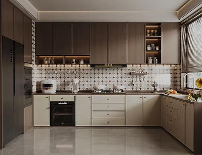 Modern Kitchen Interior With Dark Cabinets White Countertops Tile Backsplash Oven Microwave And Window 3d model