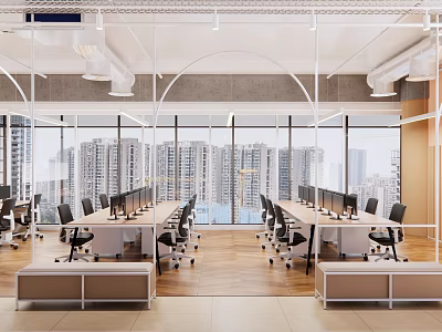 Modern Open Public Office Space With Desks Computers Large Windows And City View 3d model