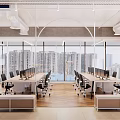 Modern Open Public Office Space With Desks Computers Large Windows And City View