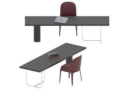 Sleek Modern Office Desk With Black Top Brown Chair And Laptop For Workspace 3d model