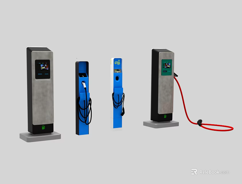 Different Types Of Modern Electric Vehicle Charging Stations With Screens And Cables 3d model 