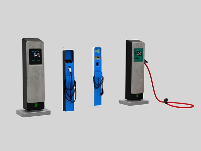 Different Types Of Modern Electric Vehicle Charging Stations With Screens And Cables 3d model