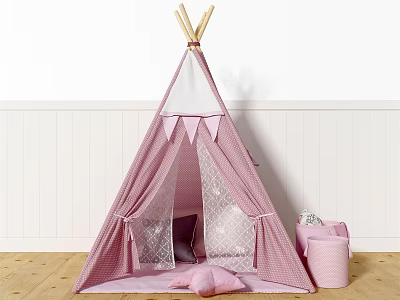 Pink Striped Tipi Tent With Lace Curtains Pillows And Small Stool For Indoor Kids Room 3d model