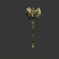 Ornate Golden Hardware Axe With Intricate Wing Design And Carved Handle